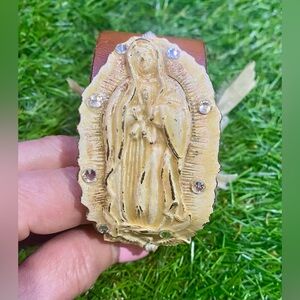 Virgin Mary Leather Bracelet Rhinestone Religious Boho Cuff Adjustable